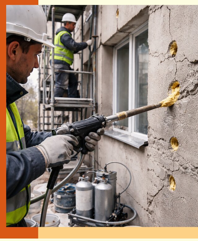 Заполнение пустот в фасаде и утепление стен в Алейске